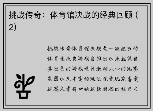 挑战传奇：体育馆决战的经典回顾 (2)